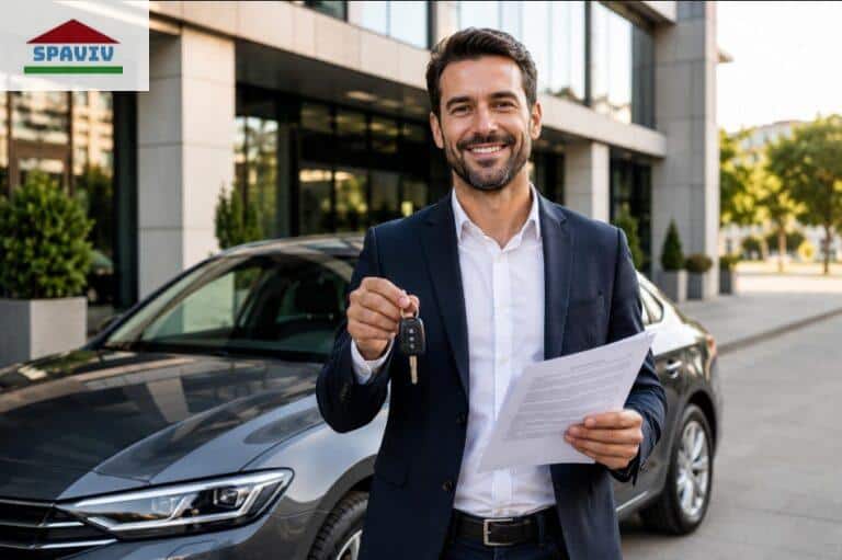 Persona con llaves de coche y documentos para solicitar un crédito por su coche
