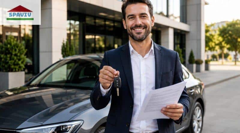 Persona con llaves de coche y documentos para solicitar un crédito por su coche