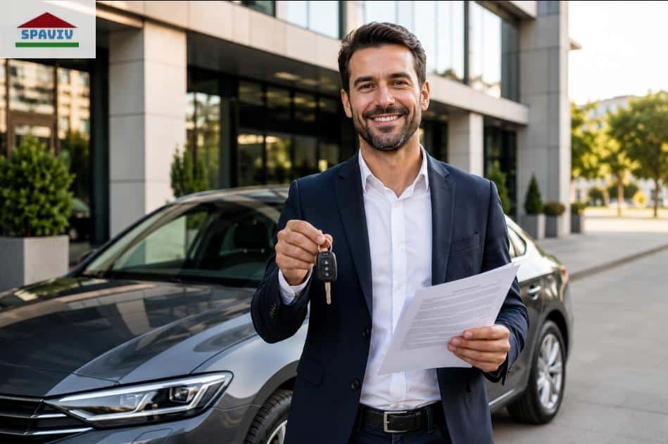 Persona con llaves de coche y documentos para solicitar un crédito por su coche